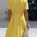 High Waisted Short Sleeves Buttoned Pleated Pockets Solid Color Split-Joint Lapel Maxi Dresses