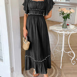 A-Line High Waisted Pleated Ruffle Trim Split-Joint Zipper Square-Neck Midi Dresses