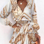 A-Line Long Sleeves Contrast Color Pleated Split-Joint Tied V-Neck Mini Dresses