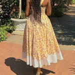 A-Line High Waisted Buttoned Flower Print Pleated Zipper Spaghetti-Neck Maxi Dresses