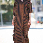 Batwing Sleeves Half Sleeves Buttoned Pockets Striped Round-Neck Beach Cover-Up Maxi Dresses