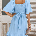 Flared Sleeves Half Sleeves Elasticity Ruffled Solid Color Split-Joint Tied Waist V-Neck Mini Dresses