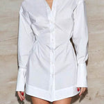 High Waisted Long Sleeves Buttoned Pleated Solid Color Lapel Mini Dresses Shirt Dress