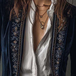 Vintage Navy Polyester Velvet Embroidered Long Jacket