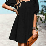 Loose Puff Sleeves Jacquard Solid Color Square-Neck Mini Dresses