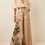 High Waisted Loose Belted Flower Print Pockets Pants Trousers