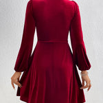 A-Line High Waisted Knot Pleated Solid Color Split-Joint Velvet Deep V-Neck Mini Dresses
