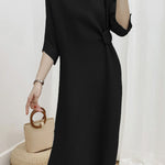 Half Sleeves Irregular Clipping Pleated Solid Color Round-Neck Midi Dresses