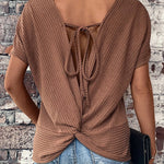 Brown Casual Drawstring Twisted Back Waffle T Shirt