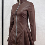 Long Sleeves Skinny Pleated Split-Joint Zipper Stand Collar Mini Dresses