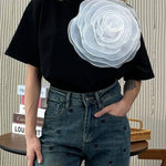 Loose T-shirt Three-dimensional Mesh Camellia Cotton Short-sleeved Top