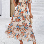A-Line Elasticated Waist Contrast Color Flower Print Pleated Split-Joint V-Neck Maxi Dresses