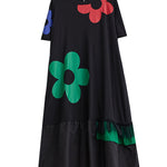 Loose Short Sleeves Floral Printed Split-Joint Round-Neck Midi Dresses