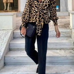 Janae Leopard Print Front Tie-up Lantern Sleeve Casual Blouse