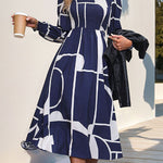 A-Line High Waisted Elasticity Printed Split-Joint Round-Neck Midi Dresses