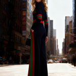 Elasticated Waist Long Sleeves Contrast Color Pockets Striped Half Turtleneck Jumpsuits