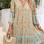 A-Line Loose Contrast Color Drawstring Flower Print Pleated Split-Joint V-Neck Mini Dresses