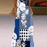 A-Line Loose Contrast Color Pockets Printed Split-Joint V-Neck Maxi Dresses