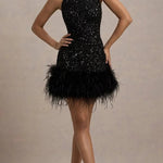 Dazzling and Playful Sequin High Neck Feather Trim Stretch Mini Dress