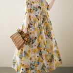 A-Line Loose Floral Printed Round-Neck Midi Dresses