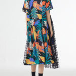 A-Line Loose Buttoned Hollow Mesh Printed Split-Joint Lapel Midi Dresses