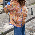 Printed Colorblock Large Pocket Stand Collar Quilted Cotton Jacket