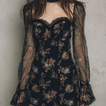 Elegant Printed Mesh Panel Mini Dress With Lace Trim