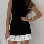 Sleeveless Pleated Solid Color Split-Joint Tiered Round-neck Mini Dresses