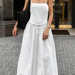 Loose Sleeveless Pleated Solid Color Split-Joint Spaghetti-Neck Midi Dresses