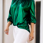 Loose Three-Quarter Sleeves Shiny Solid Color High-Neck Blouses&Shirts Tops