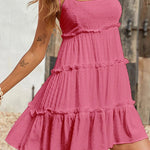 A-Line Loose Jacquard Layered Pleated Solid Color Split-Joint Spaghetti-Neck Mini Dresses