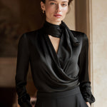 Black Draped Silk Blouse With Neck Tie Detail