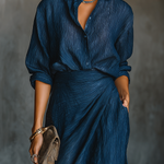 Women's Elegant Dark Blue Textured Pleated Fabric Shirt And Dress Set