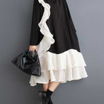 A-Line Long Sleeves Contrast Color Pockets Ruffle Trim Split-Joint V-Neck Midi Dresses