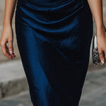 Midnight Asymmetrical Ruched Midi Dress