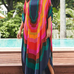 Batwing Sleeves Loose Contrast Color Printed Sun Protection Round-Neck Maxi Dresses