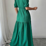 Half Sleeves High Waisted Pleated Solid Color Split-Front V-Neck Maxi Dresses