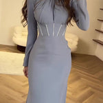 Bodycon Long Sleeves Pleated Solid Color Tied Zipper Mock Neck Maxi Dresses