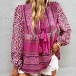 Zeagoo Zeagoo Casual Boho V Neck Top Loose Floral Print Long Sleeve Beach Shirt