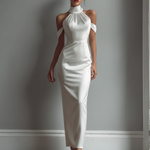 Women's Ivory Satin Fabric Halter Maxi Dress With Cold-Shoulder Detail
