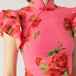 Cheongsam Style Rose Floral Print Tiered Flare Sleeve Stretch Maxi Dress