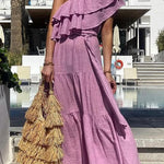 Linen Blend Solid Color Oblique Collar Ruffle Waist Tie Maxi Dress