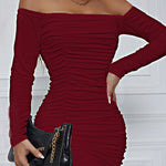 Bodycon Long Sleeves Elasticity Pleated Solid Color Off-The-Shoulder Mini Dresses