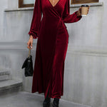 High Waisted Long Sleeves Solid Color Split-Side Tied Waist Velvet Deep V-Neck Maxi Dresses