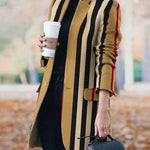 Long Sleeves Loose Buttoned Split-Joint Striped Stand Collar Woolen Coat