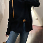 Long Sleeves Loose Split-Front Mock Neck Pullovers Sweater Tops
