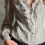 Vintage Cotton Stripe Ruffle V-Neck Button-Down Blouse