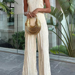 Charm and Charisma Texture Fabric Halter Neck Backless Tank and Elastic Waist Wide Leg Pants Suit