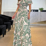 Loose Short Sleeves Elasticity Falbala Leaf Printed Off-The-Shoulder Maxi Dresses