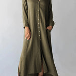 Green Crinkled Pocketed Side Slits Loose Maxi Dress